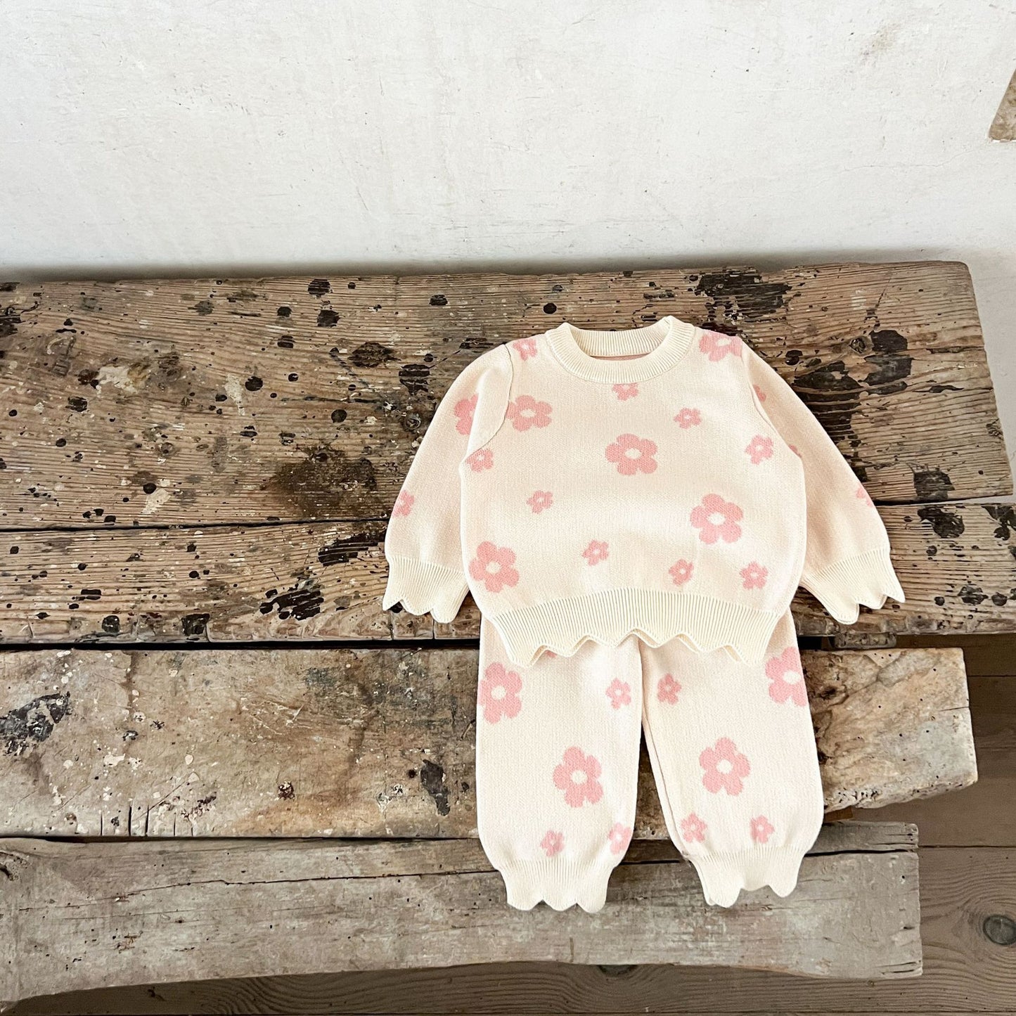 Ensemble coréen pour bébé fille, en coton et laine à fleurs, haut ample et pantalon large.