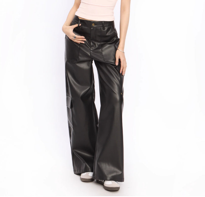 American Retro Mechanical Style Black Leather Pants