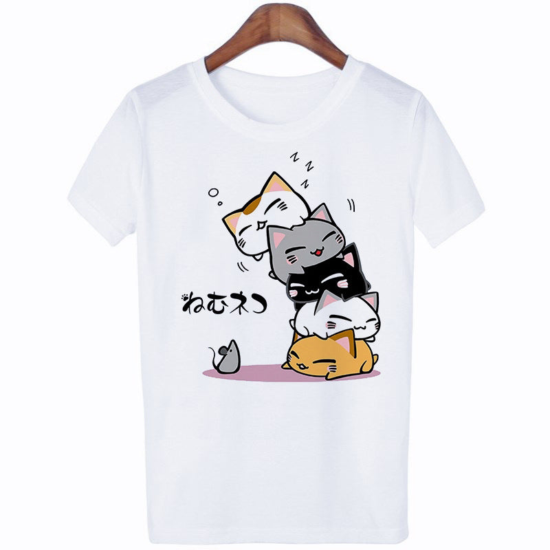 New Summer Cat Short-sleeved Cute Cartoon Print Ladies Round Neck White Top T-shirt Short-sleeved