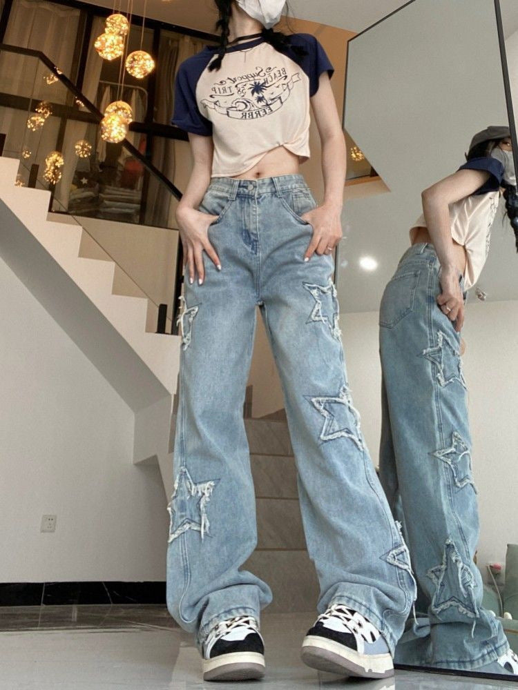 Women's Retro Blue Denim High Street Jeans