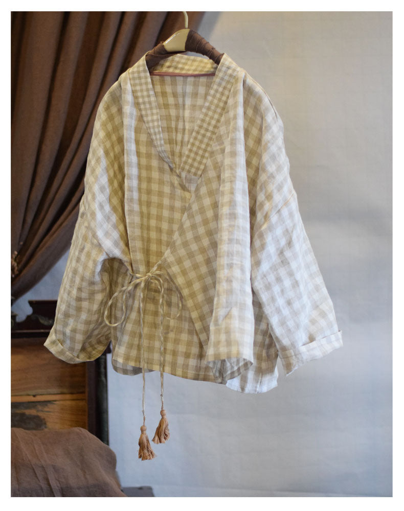 Pure Linen Lace-up Tassel Women's Shirt Top