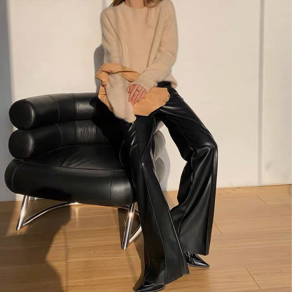 High Waist Wide Leg Casual Loose Leather Pants
