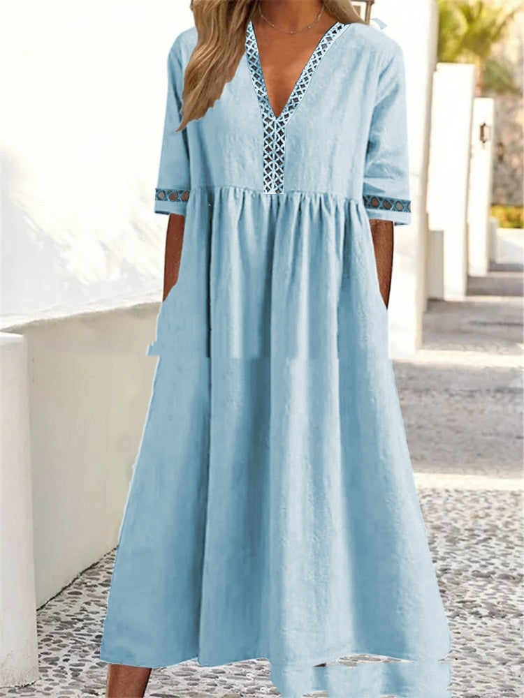 Solid Color Short Sleeve Lace V-neck Tight Waist Dress