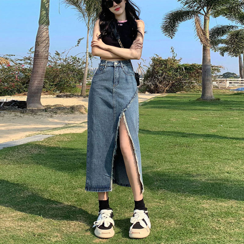 Irregular Slit Denim Skirt Ins Style Hot Design