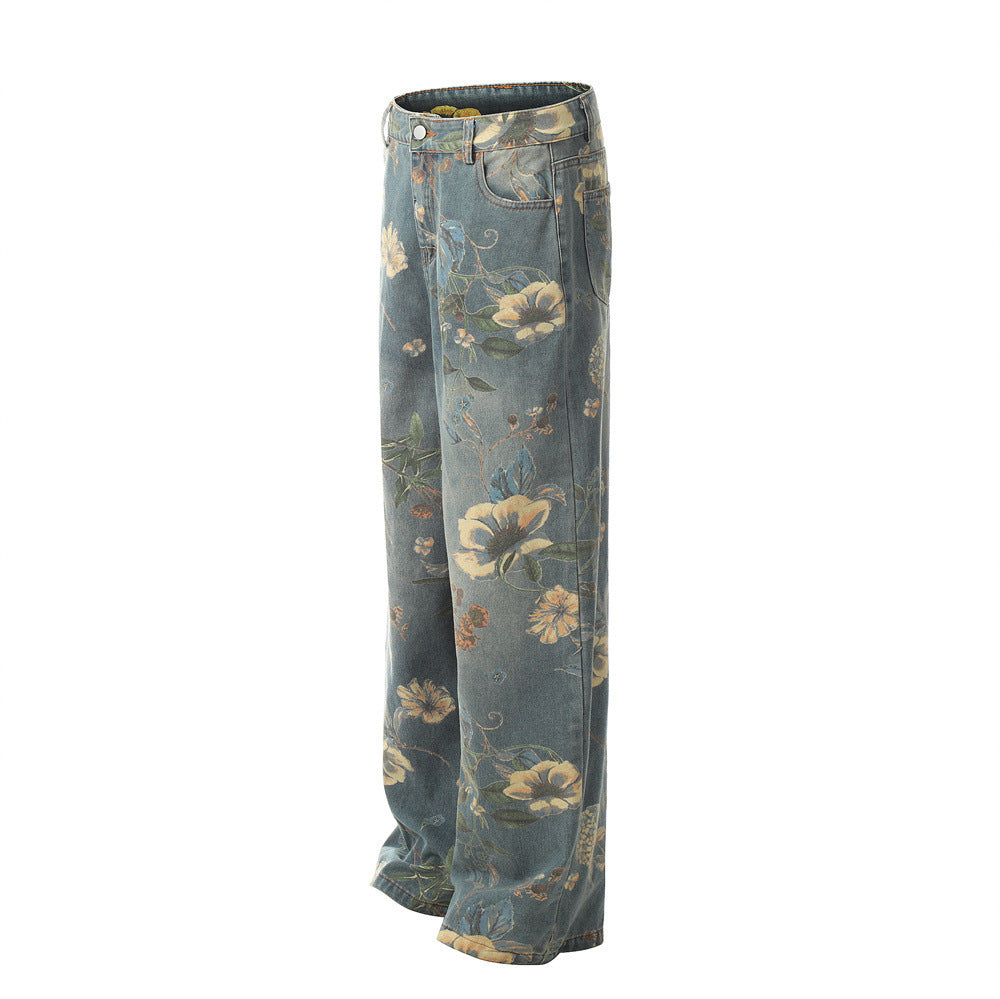 Men's Printed Niche Loose Wide Leg Denim Trousers