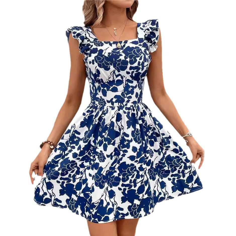 Printed Lace-up Back Backless Frill Holiday Dress