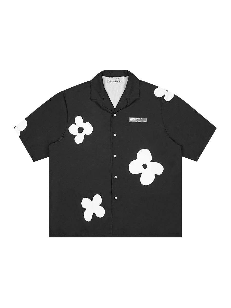Hand Drawn Silhouette Floral Vintage Cuban Collar Short Sleeve