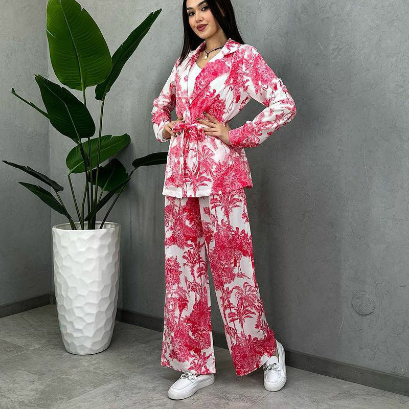 European And American Digital Printing Suit Women's Long Sleeve Loose Lace-up Casual Two-piece Suit