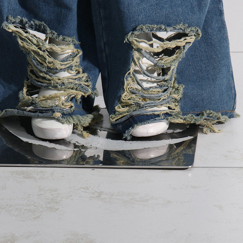 European And American Style Street Lapel Ripped Edging One Button Loose Large Version Denim Coat