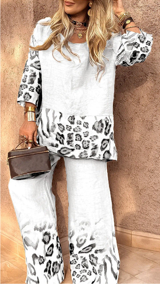 Women's Casual Cool Cotton And Linen Leopard Print Printed Two-piece Suit