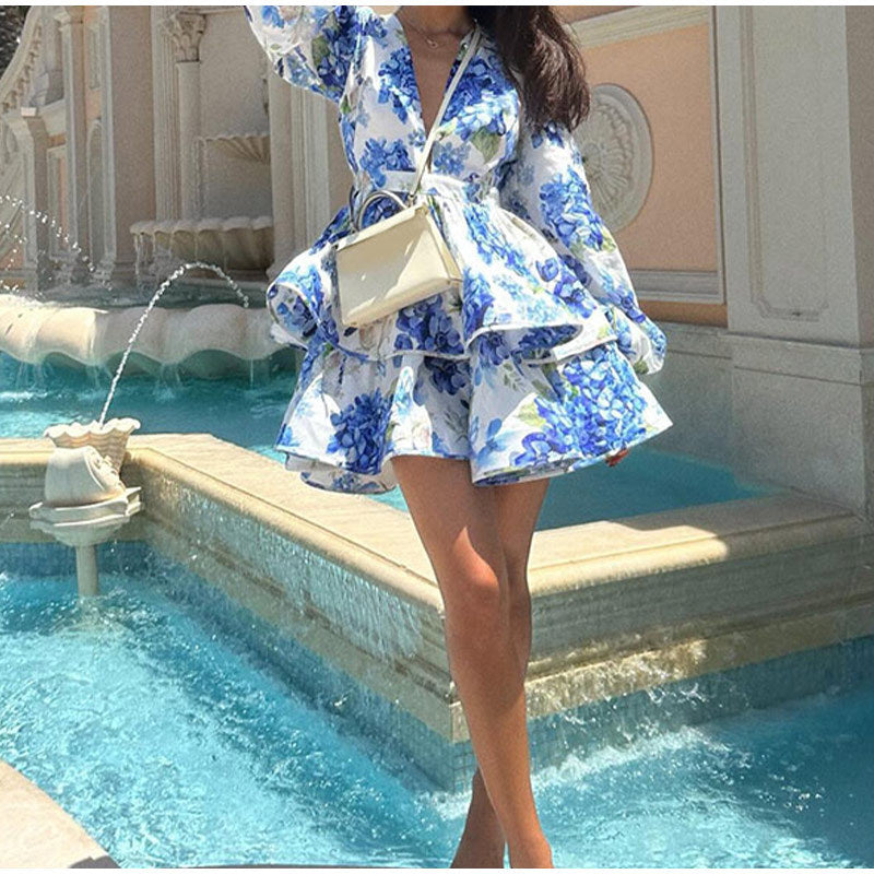 Women's V-neck Slim Fit Ruffled Printed Long Sleeve Dress