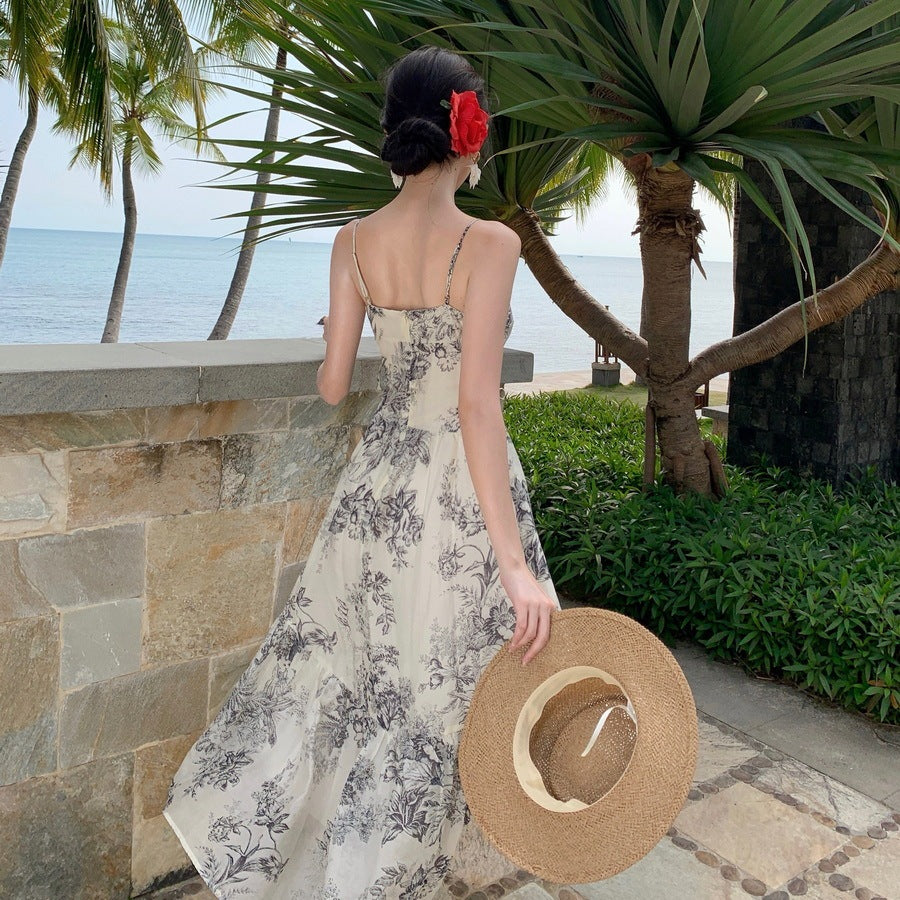 Artistic Retro Design Ink Painting Cinched Slimming Long Dress Sleeveless PVC S-XL