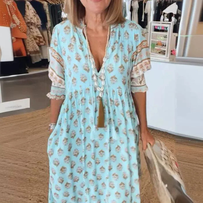 Summer Bohemian Print Lantern-Sleeved Dress Fashion