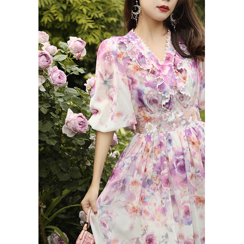French Heavy Industry Bead Printing Waist V Neck Dress Women's Summer