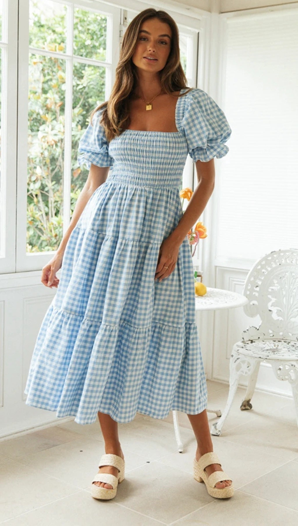 Plaid Dress Square Collar Puff Sleeve High Waist