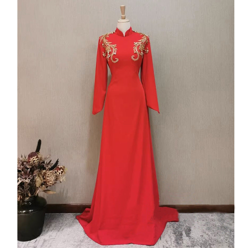Robe de soirée de banquet pour femme, manches longues, rouge