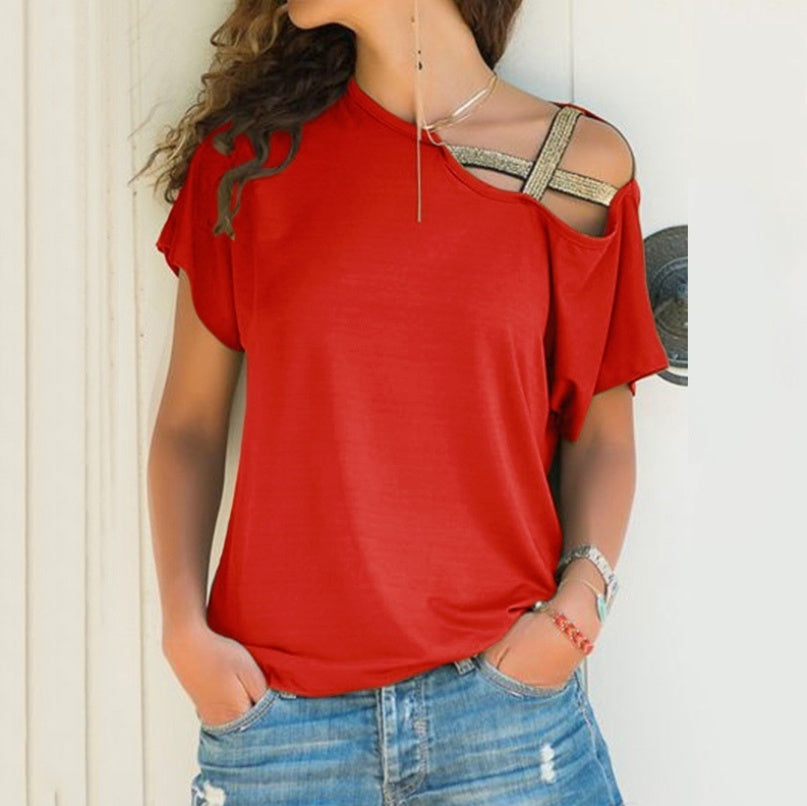 AliExpress Amazon spring and summer explosion models Europe and the United States casual shoulder cross irregular short-sleeved T-shirt women's shirt