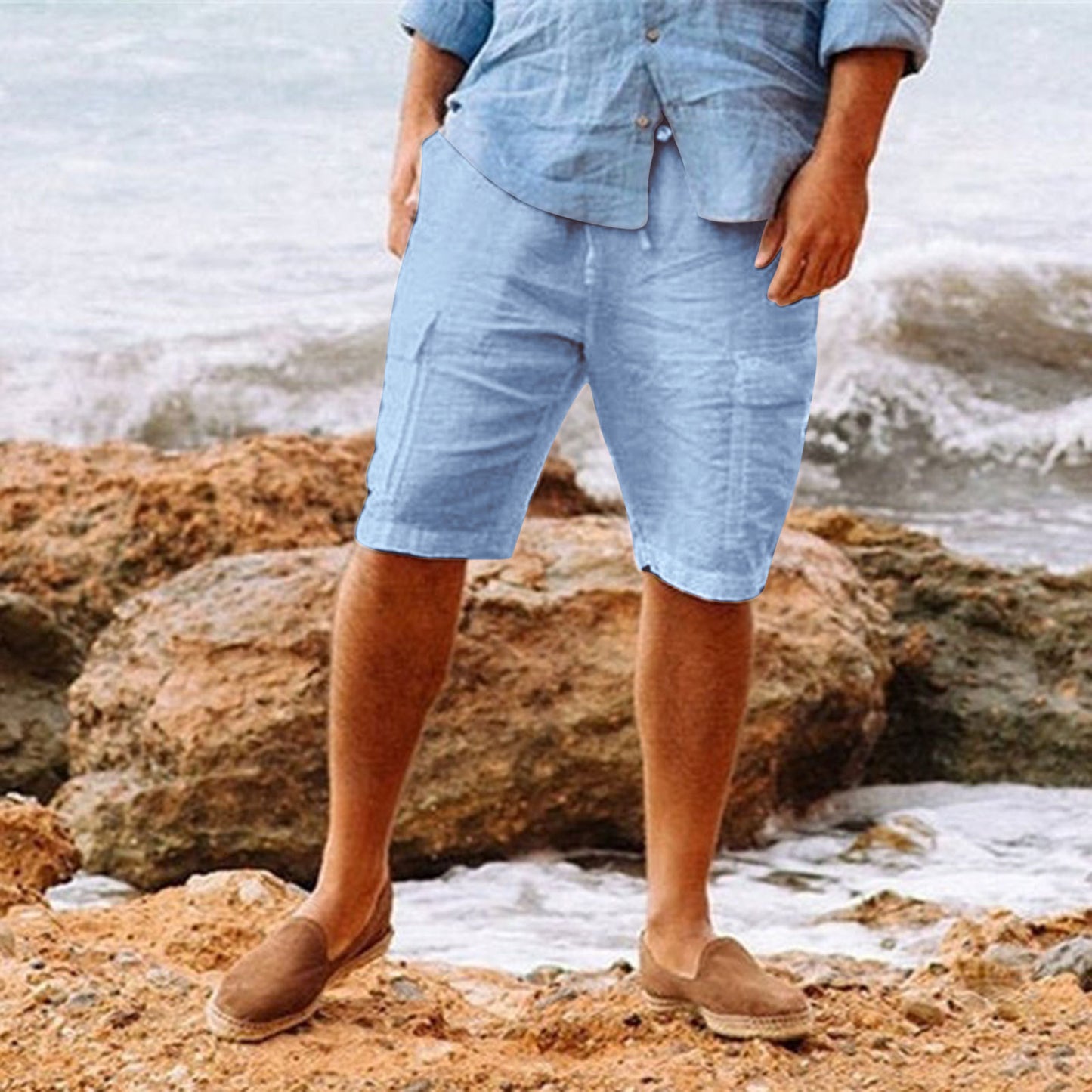 Men's Casual Cotton Linen Multi-pocket Workwear Shorts
