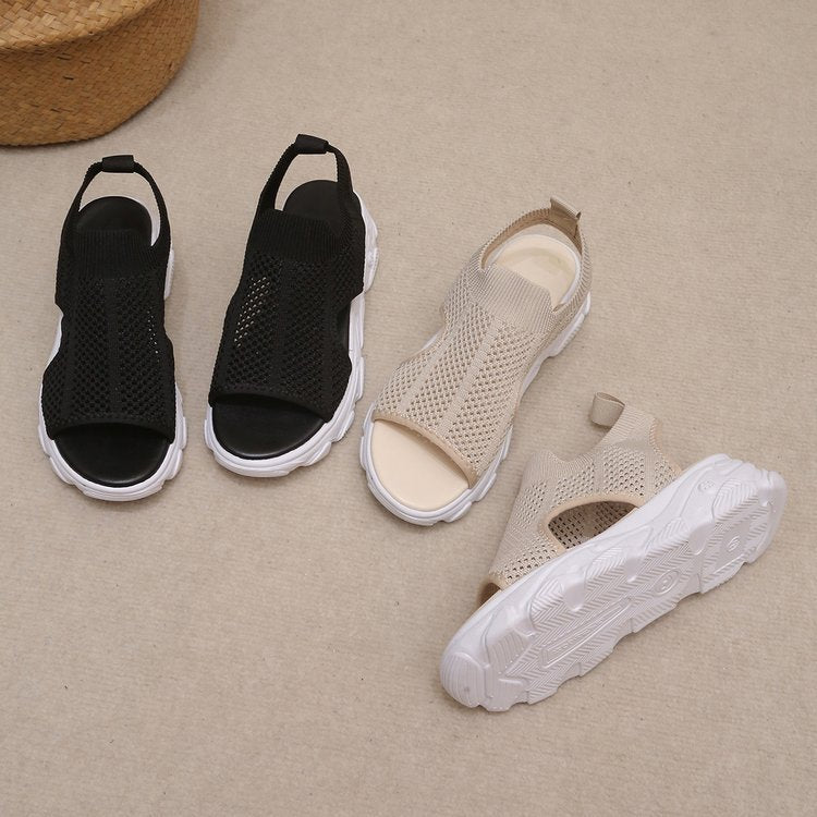 Summer Sandalas Elastic Slip-on Peep Toe Wedge Fly Woven Mesh Casual Shoes