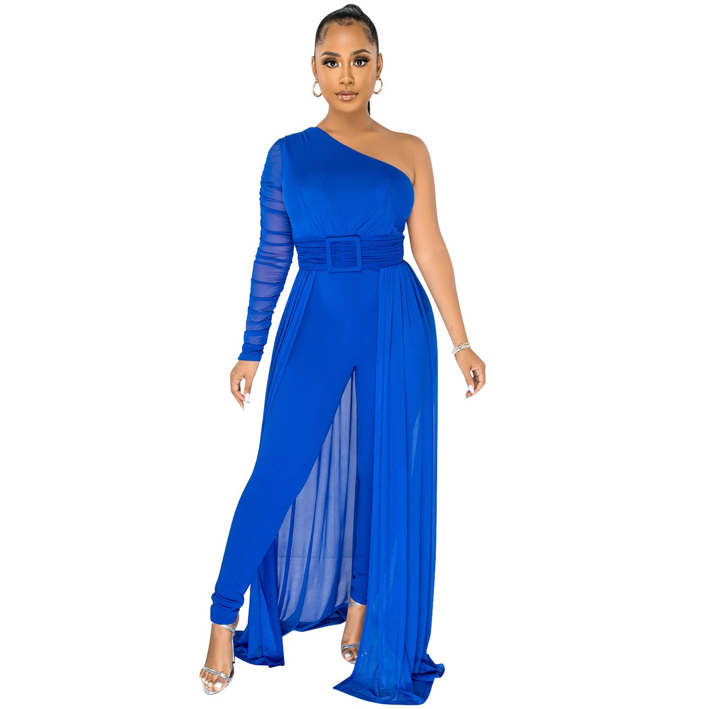 Pure Color Mesh See-through One Shoulder Long Sleeve Jumpsuit
