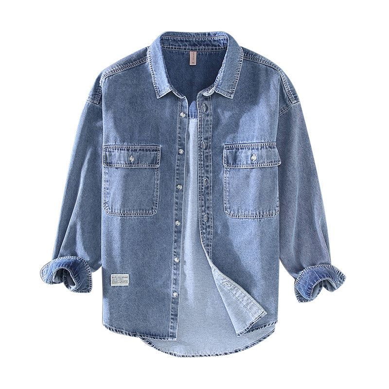 Retro Rewash Double Bag Men's Long Sleeve Light Color Denim Shirt