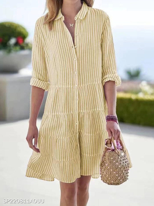 Striped Long-Sleeve Lapel Button Shirt Dress for Women