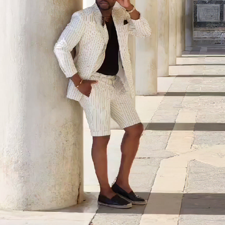 British Style Casual Black Striped Trendy Shorts Suit