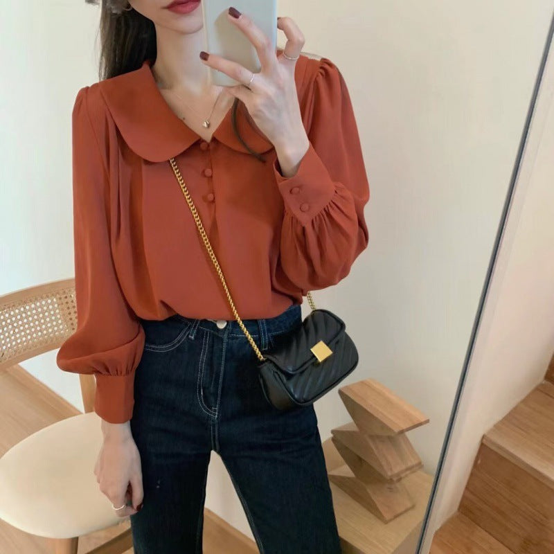 Doll Collar Chiffon Shirt Puff Sleeve Top