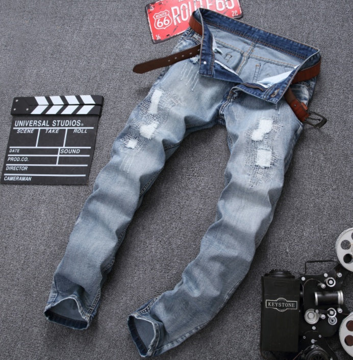 Light Blue Slim Fit Distressed Denim Joggers Male Plus Size Jean Trousers