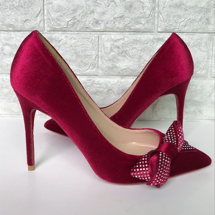Bow tie diamond party slim heel shoes
