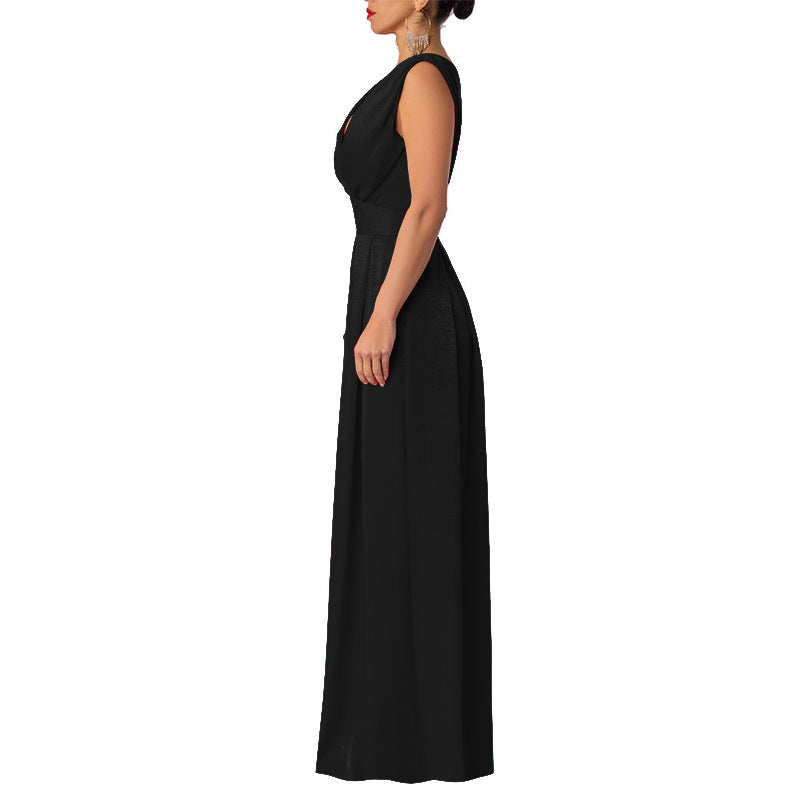Solid Color And V-neck High Waist Wide Leg Jumpsuit