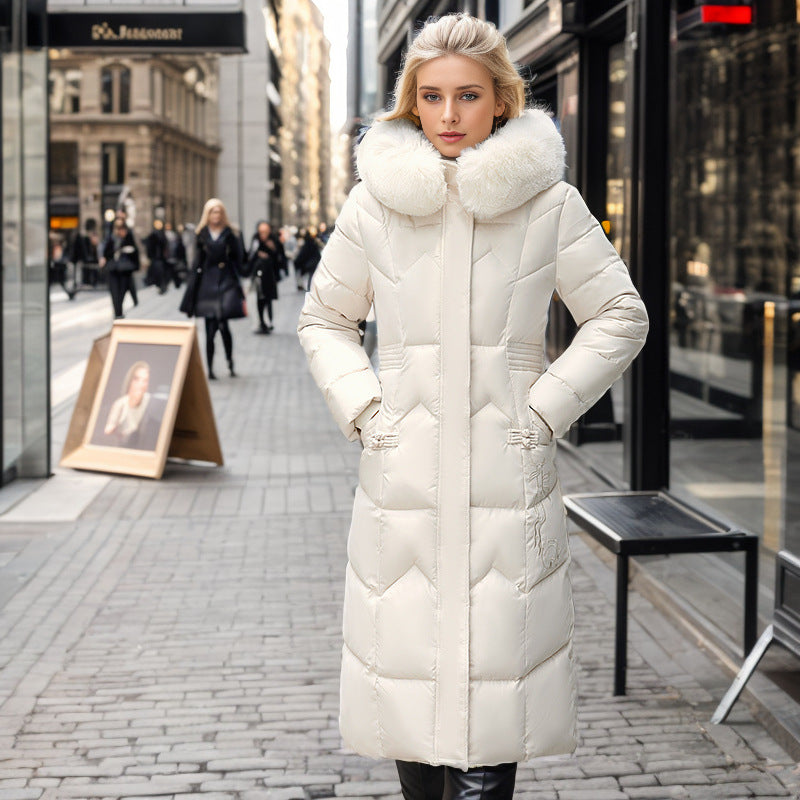 Winter Cotton-Padded Long Coat with Thick Fur Collar for Women