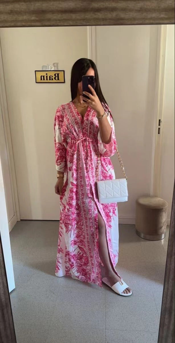 Spring Summer V-Neck Short Sleeve Printed Long Swing Skirt