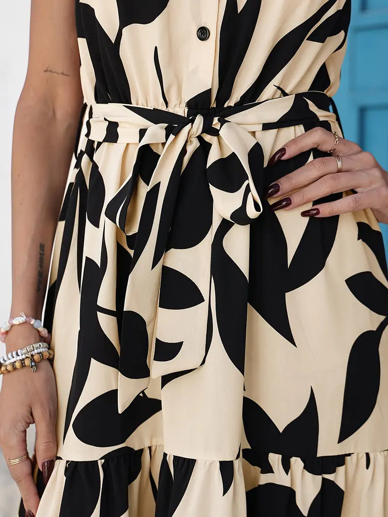 Elegant Sleeveless Printed Shirt Dress Ruffled Hem
