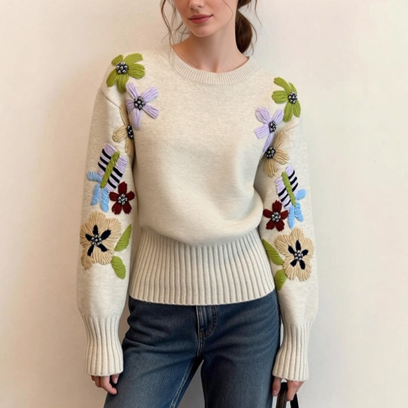 Loose Knit Sweater Floral Embroidery Vintage Knit Top