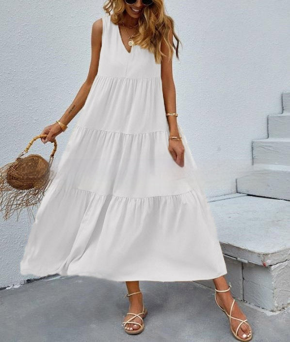 Women's Loose Waist Cotton Sleeveless V-neck Dress