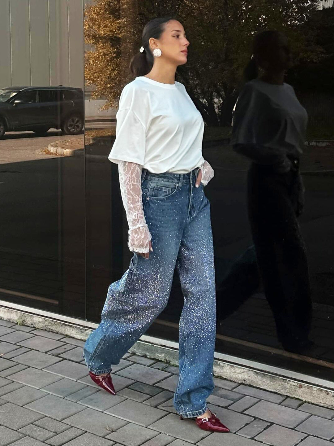 Starry Sky Rhinestone Denim Female Autumn Straight Pants