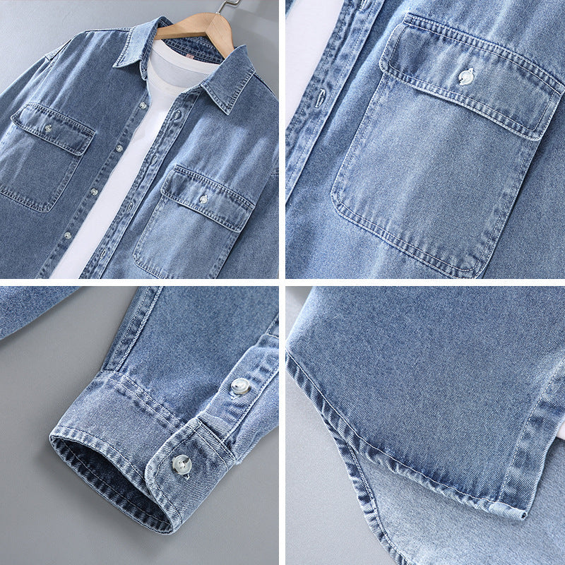 Retro Rewash Double Bag Men's Long Sleeve Light Color Denim Shirt