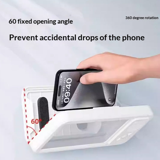 Waterproof Phone Holder with Bluetooth Speaker & 360° Rotation for Bathroom Use