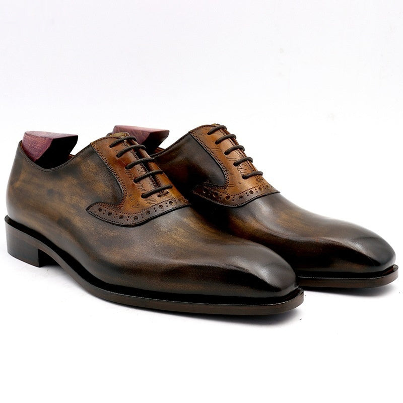 Handmade Cowhide Colorblock Calfskin Sole Lace Up Breathable Men's Shoes