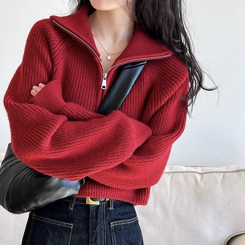 Fashion Zipper And Lapel Sweater For Women