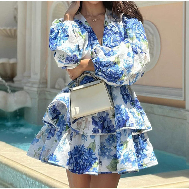 Women's V-neck Slim Fit Ruffled Printed Long Sleeve Dress