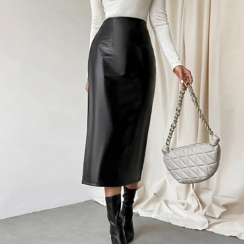 Commuter French Sheath PU Leather Skirt Autumn And Winter
