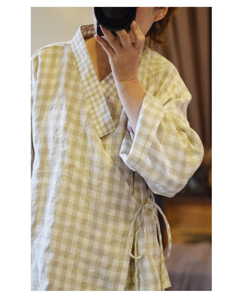 Pure Linen Lace-up Tassel Women's Shirt Top