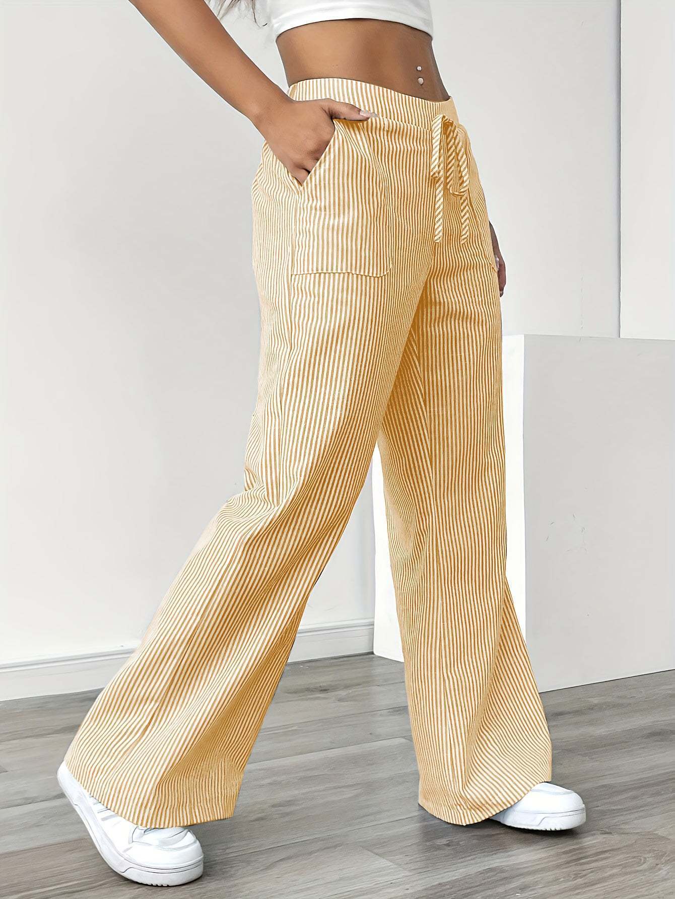 New Striped Trousers With Pockets Casual Versatile Loose Wide Leg Pants Women's Clothing