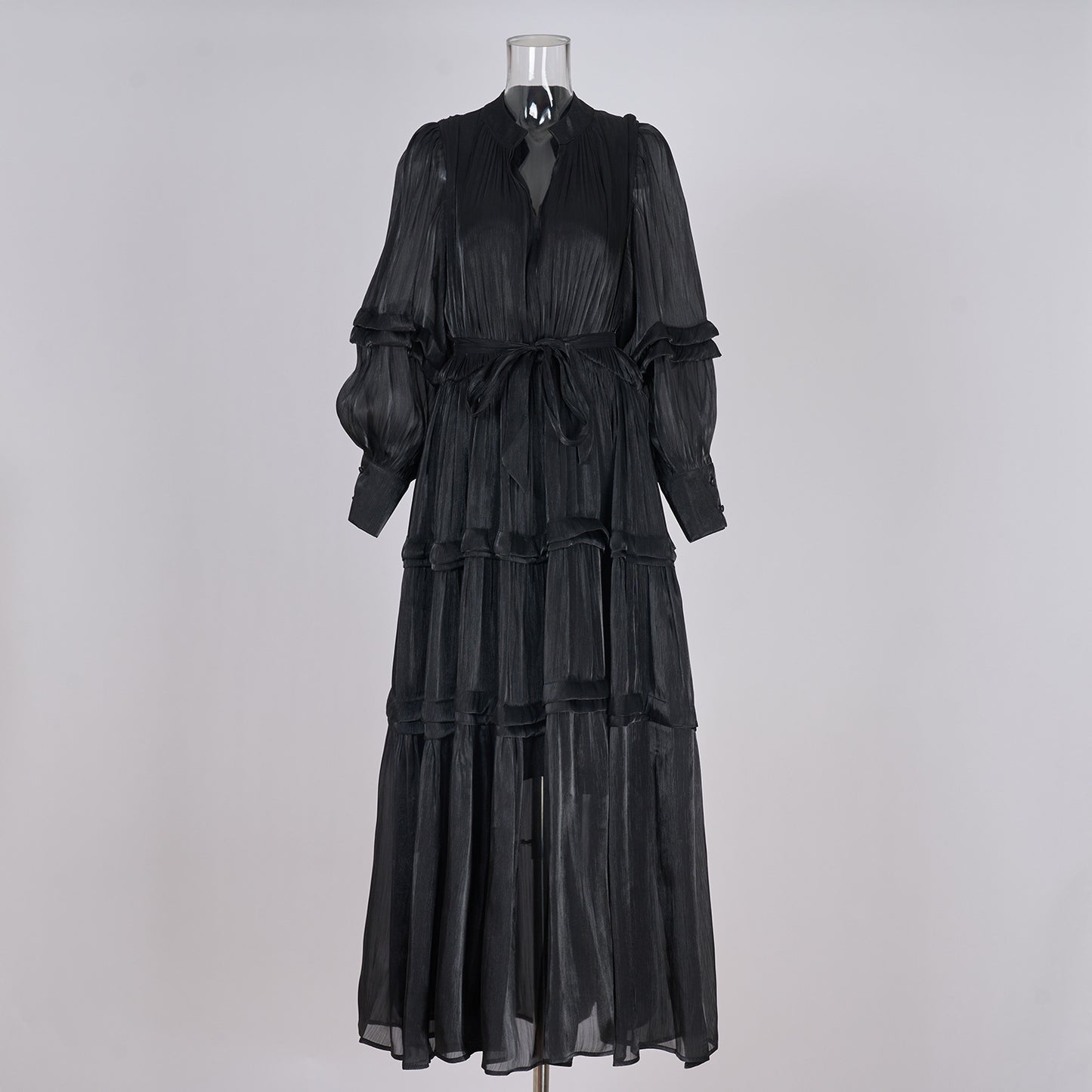 V-neck Lantern Sleeve Fitted Waist Pleated Long Silk Dress