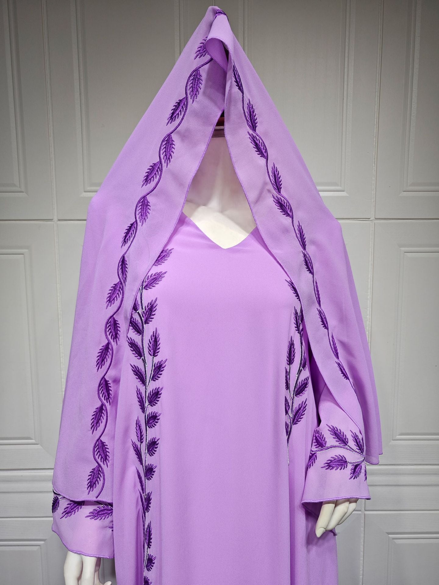 Chiffon Long Islamic Embroidered Crew Neck Dress With Headscarf