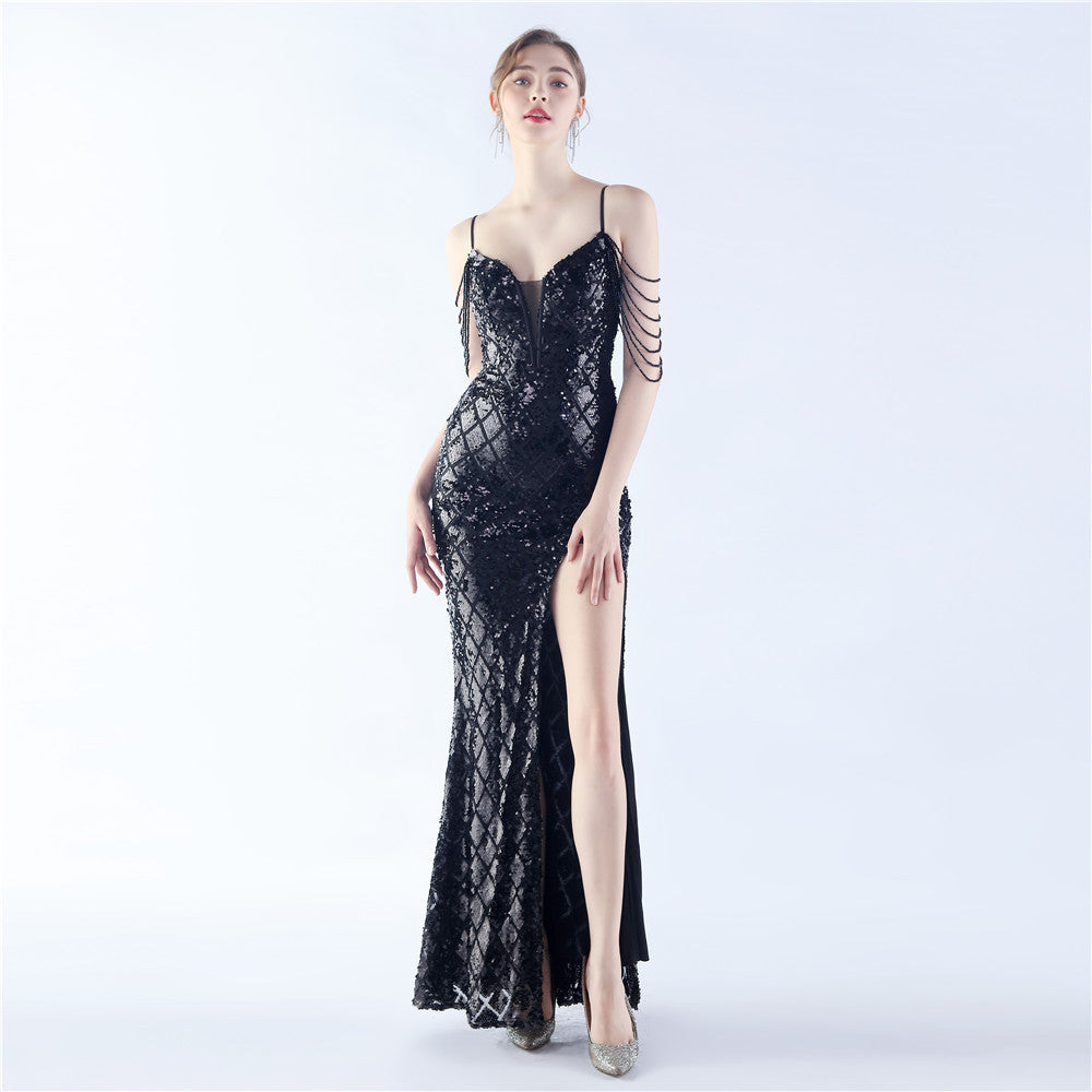 A Classy Trendy Fishbone Waist-tight Ratchet Tie Down Magic Color Sequin Craft Beaded High-end Evening Dress
