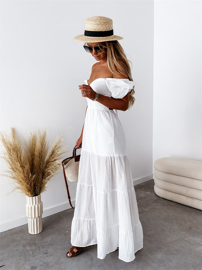 Short Sleeve Solid Color Lace-up High Waist Dress