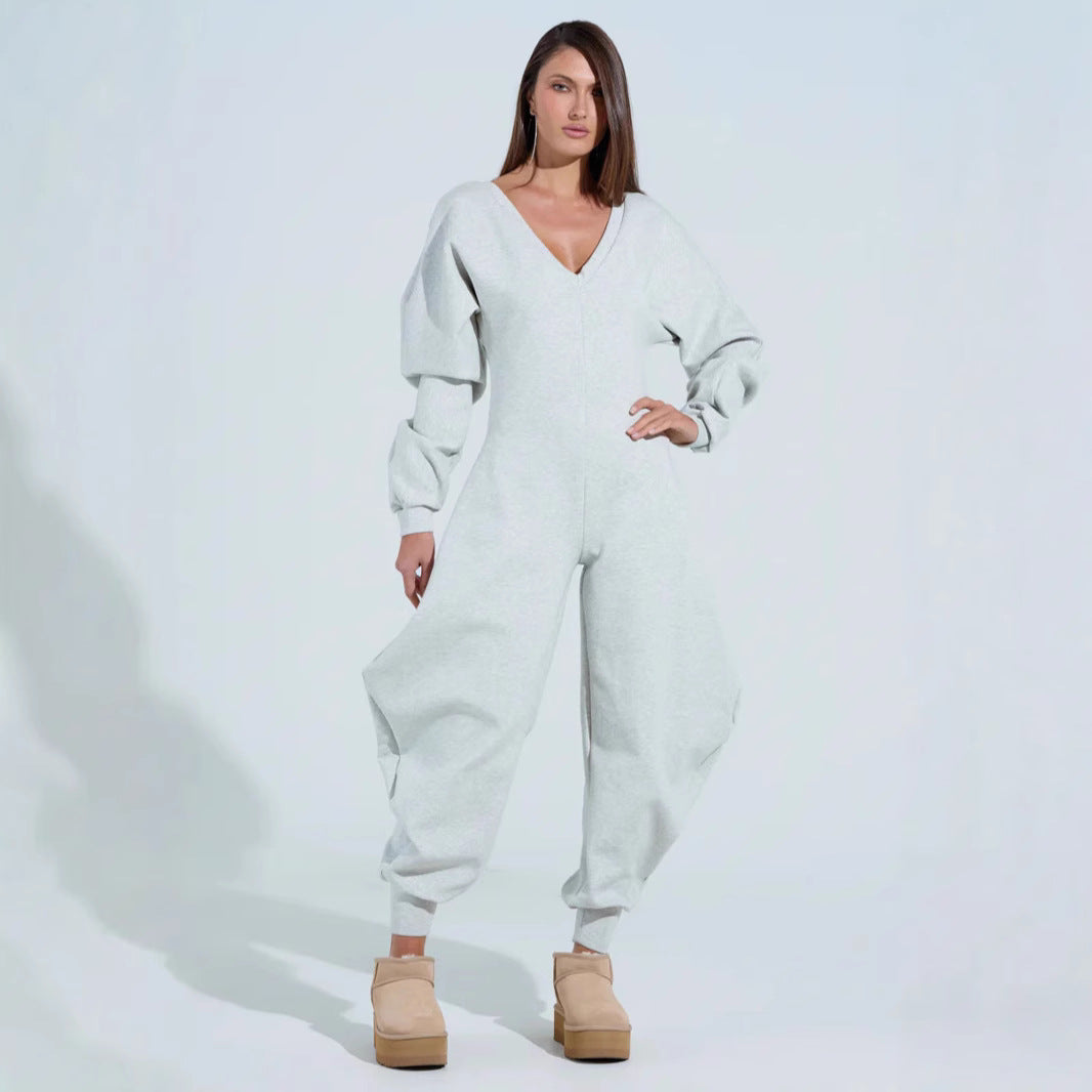 Combinaison moulante sexy à manches longues et décolleté en V ajusté